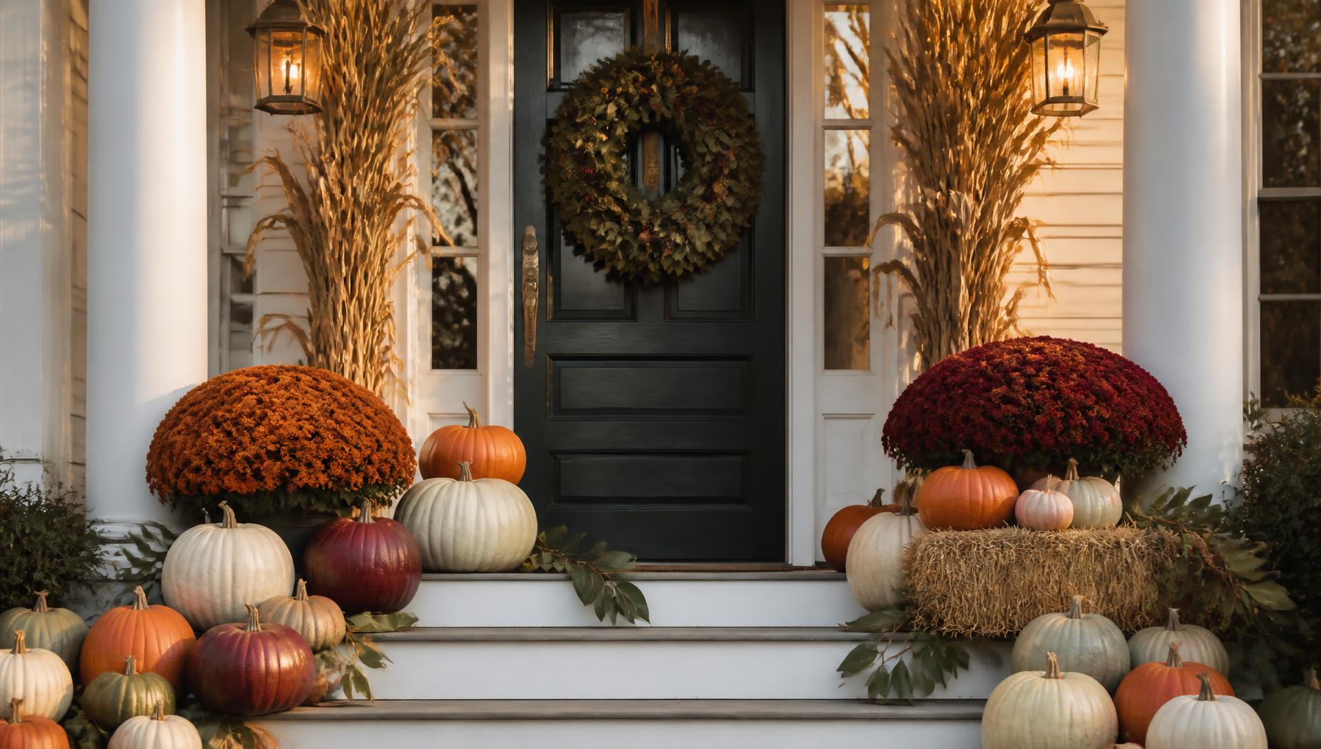 Elegantly decorated fall front porch with heirloom pumpkins, mums, cornstalks and lanterns